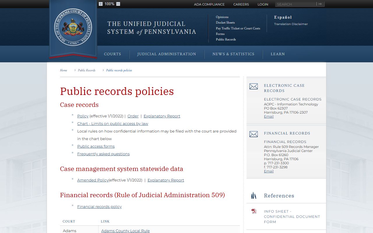 Indiana County court records UJS public records policy