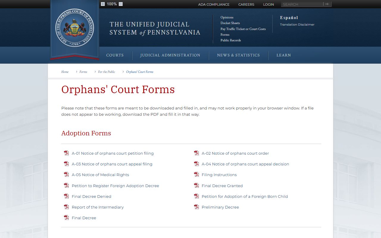 Indiana County probate records Pennsylvania Orphans' Court forms